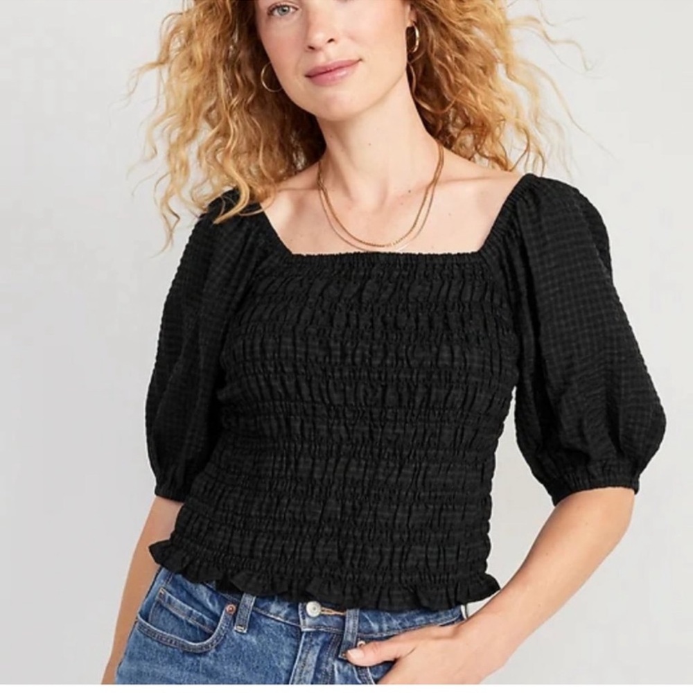 Old Navy Square Neck Black Smocked Puff Sleeve Top